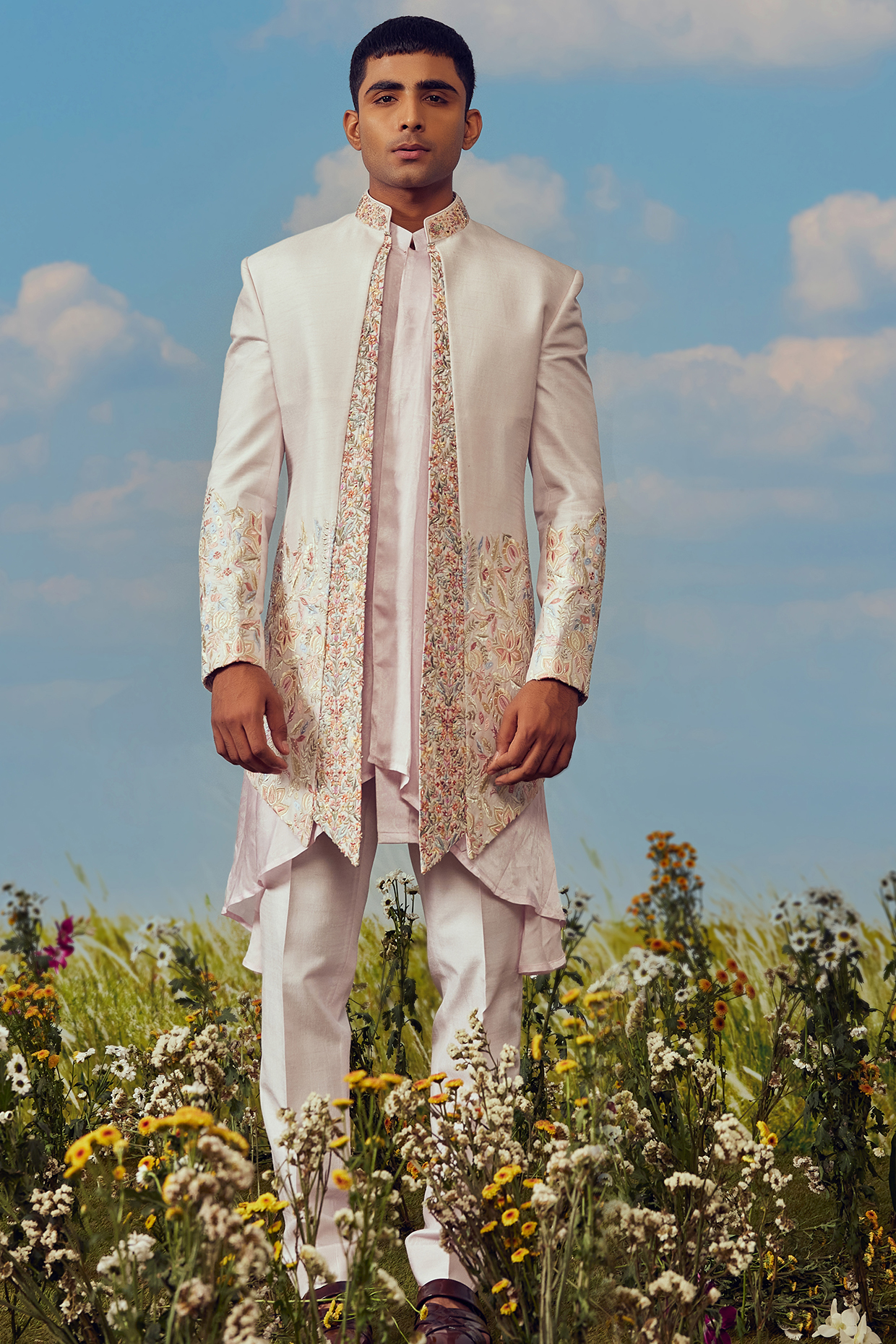 Pink Dupion Silk Indowestern Set by Jayesh and Kaajal Shah