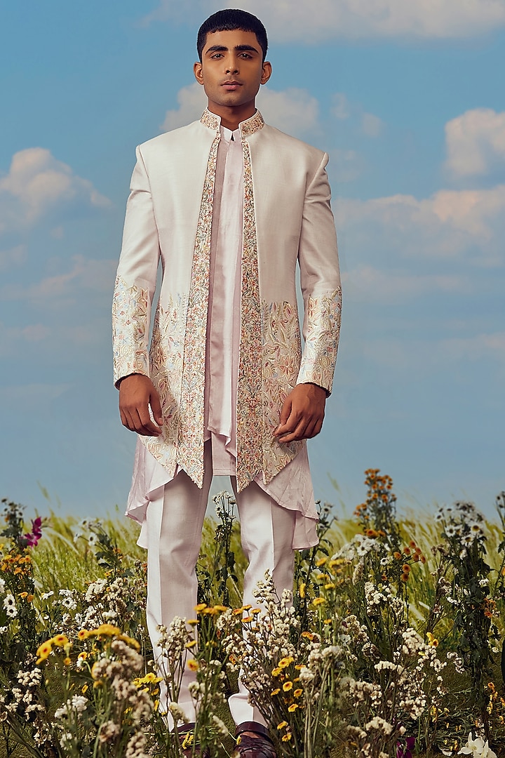 Pink Dupion Silk Indowestern Set by Jayesh and Kaajal Shah