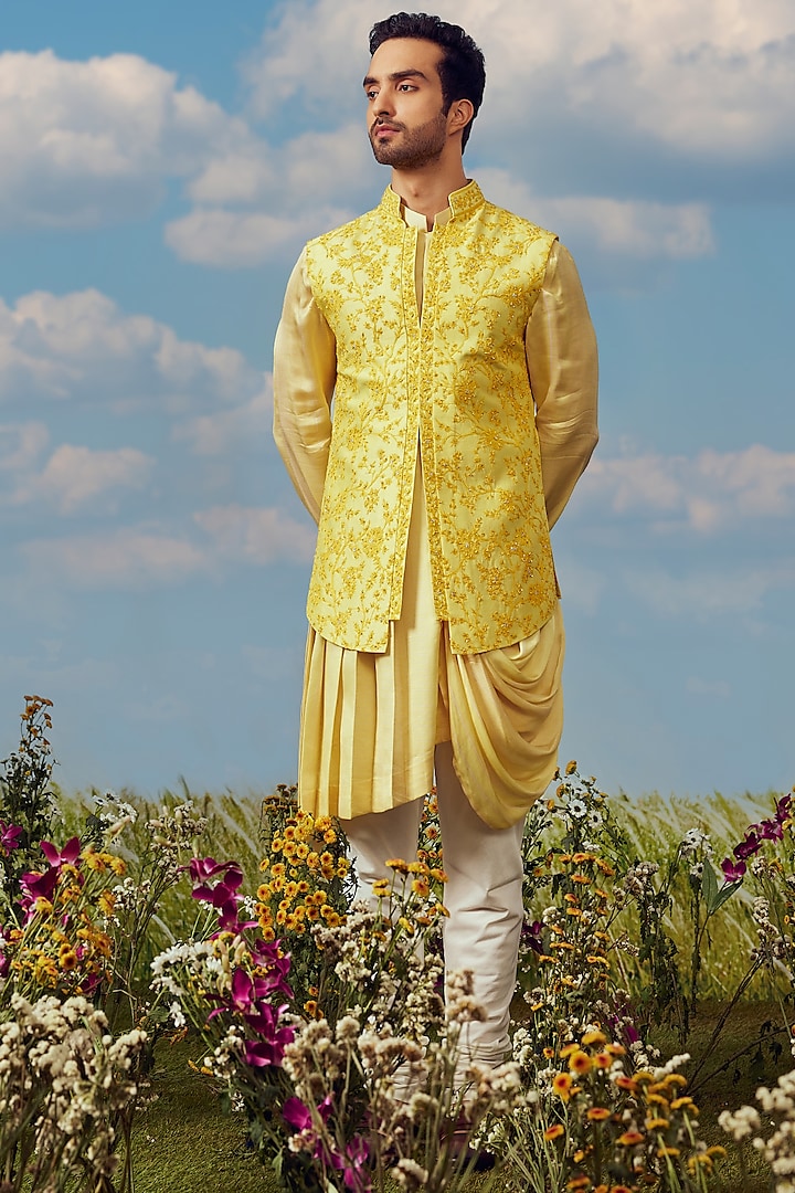 Yellow Dupion Silk Nehru Jacket Set by Jayesh and Kaajal Shah