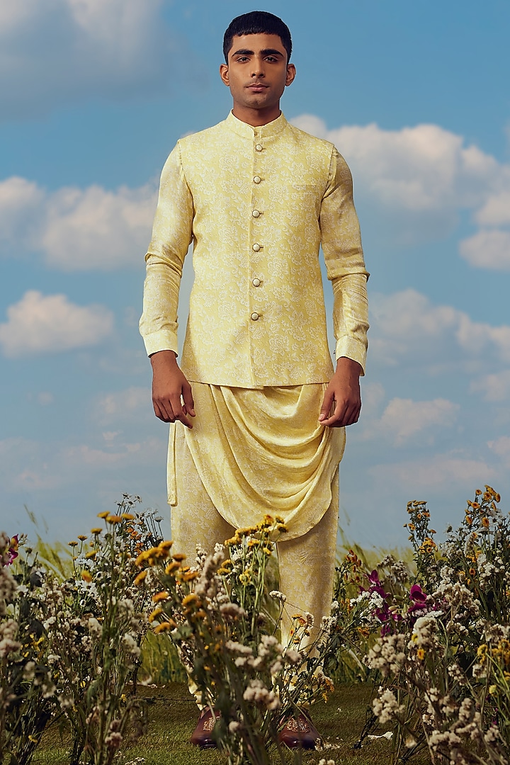 Yellow Dupion Silk Printed Nehru Jacket Set by Jayesh and Kaajal Shah