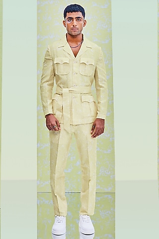 Yellow Dupion Silk Pant Set by Jayesh and Kaajal Shah Men