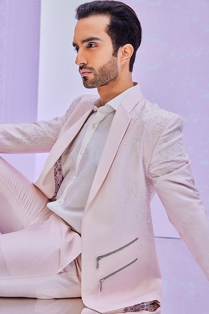 Blush Pink Dupion Silk Coat Set by Jayesh and Kaajal Shah Men at Pernia's Pop Up Shop