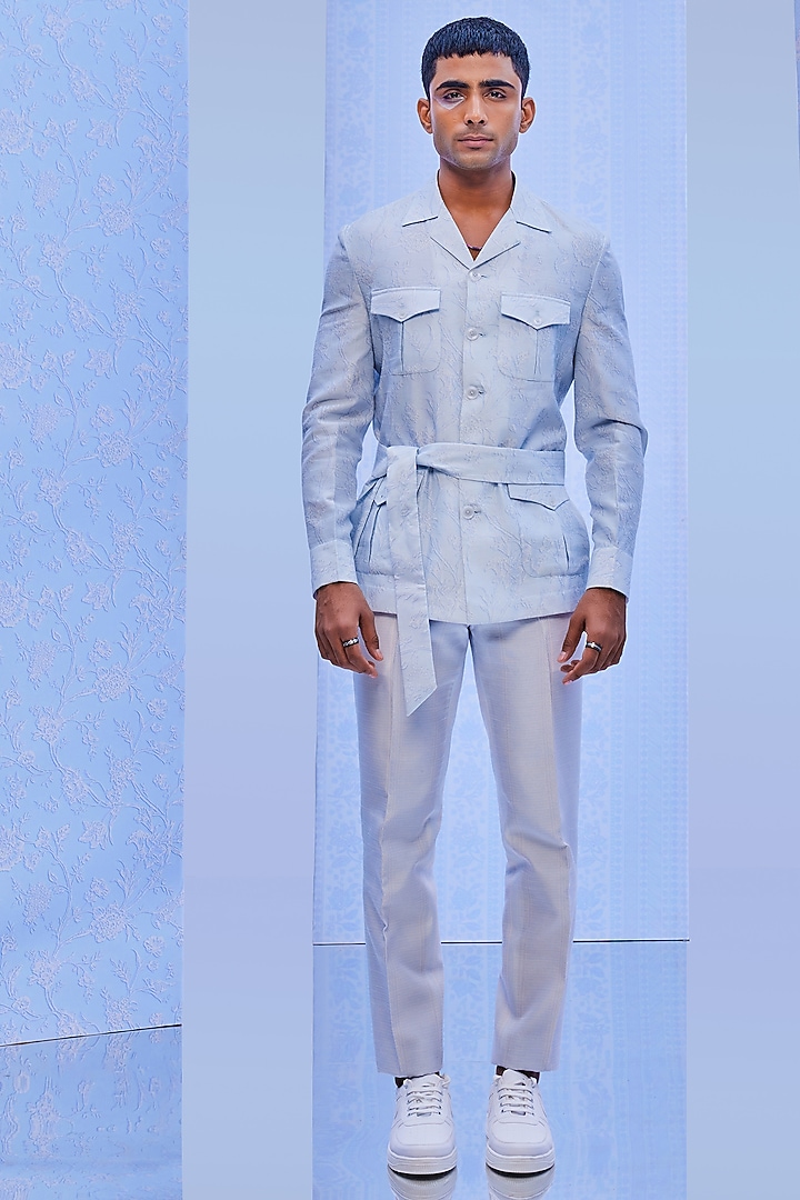 Powder Blue Dupion Silk Pant Set by Jayesh and Kaajal Shah Men at Pernia's Pop Up Shop