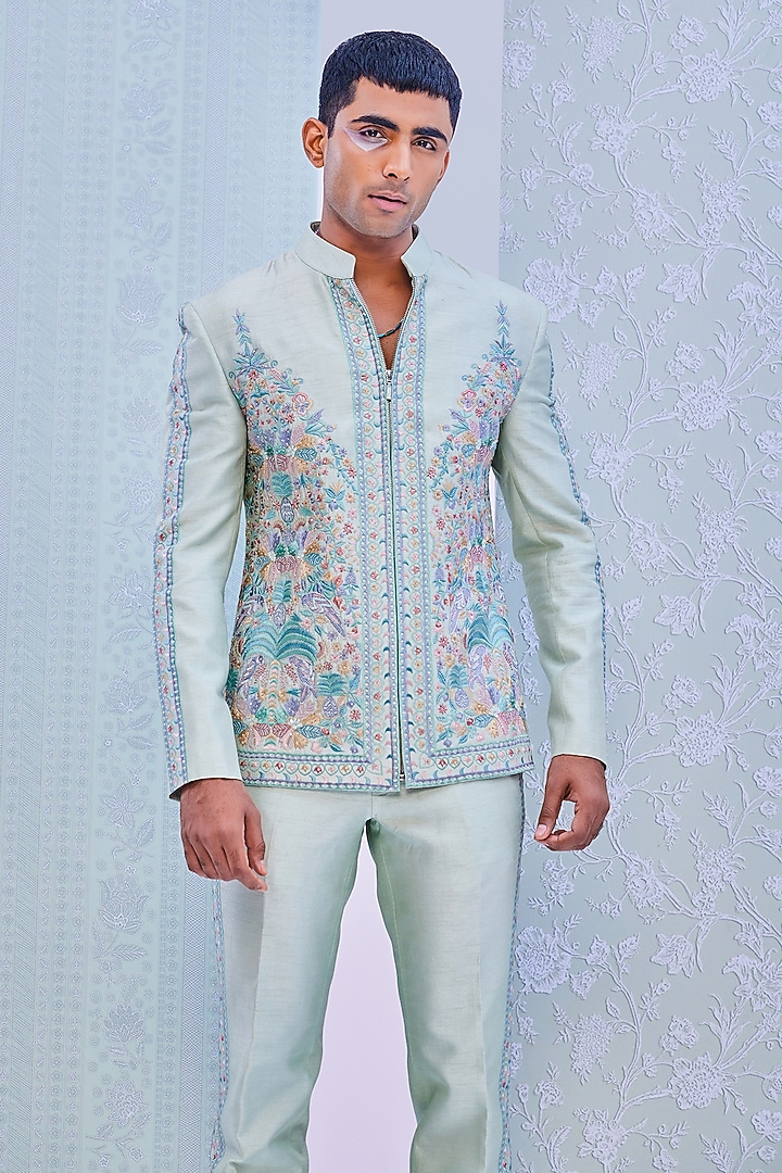 Mint Dupion Silk Bomber Jacket Set by Jayesh and Kaajal Shah Men at Pernia's Pop Up Shop
