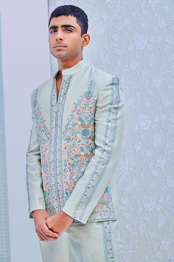 Mint Dupion Silk Bomber Jacket Set by Jayesh and Kaajal Shah Men at Pernia's Pop Up Shop