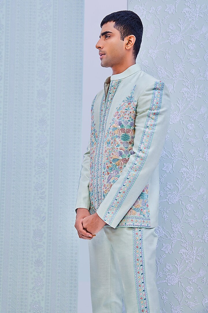 Mint Dupion Silk Bomber Jacket Set by Jayesh and Kaajal Shah Men at Pernia's Pop Up Shop
