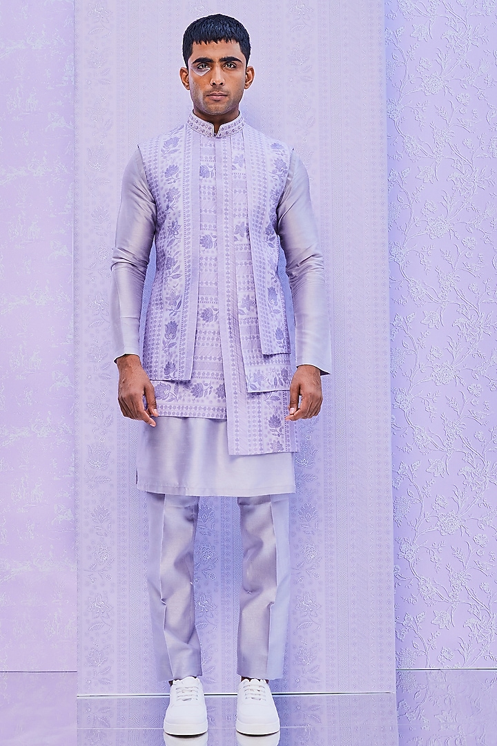 Lavender Dupion Silk Printed Nehru Jacket Set by Jayesh and Kaajal Shah Men at Pernia's Pop Up Shop