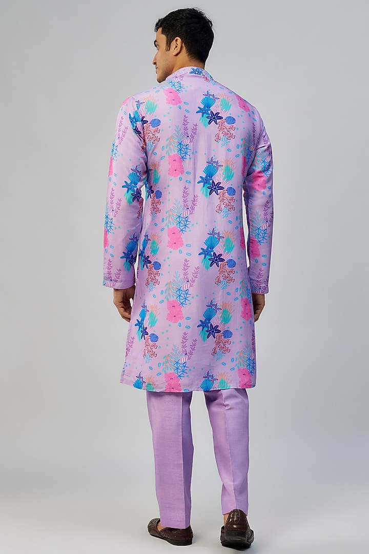 Lavender Silk Printed & Embroidered Kurta Set by Jayesh and Kaajal Shah Men at Pernia's Pop Up Shop