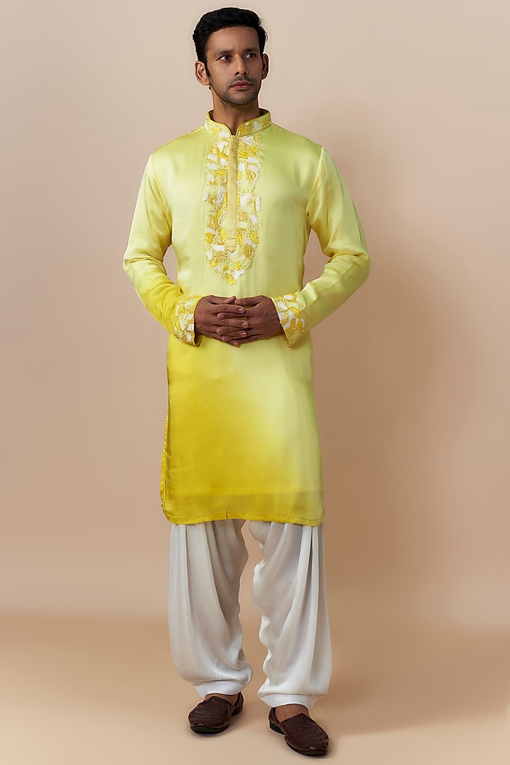 Yellow Satin Georgette Ombra Kurta Set by Jayesh and Kaajal Shah