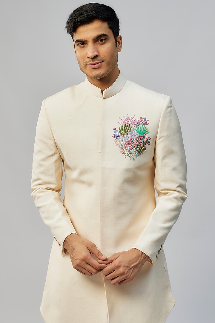 Blush Silk Wedding Indowestern Set by Jayesh and Kaajal Shah Men at Pernia's Pop Up Shop
