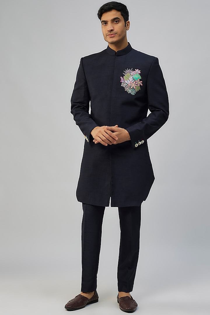 Navy Blue Silk Indowestern Set by Jayesh and Kaajal Shah