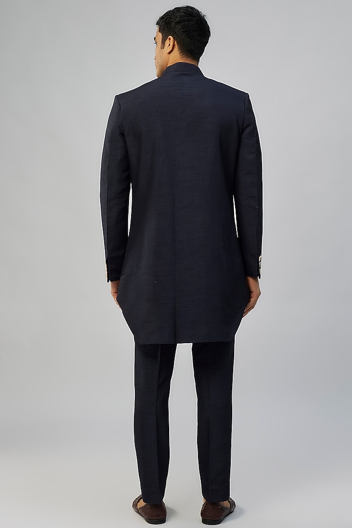 Navy Blue Silk Wedding Indowestern Set by Jayesh and Kaajal Shah Men at Pernia's Pop Up Shop