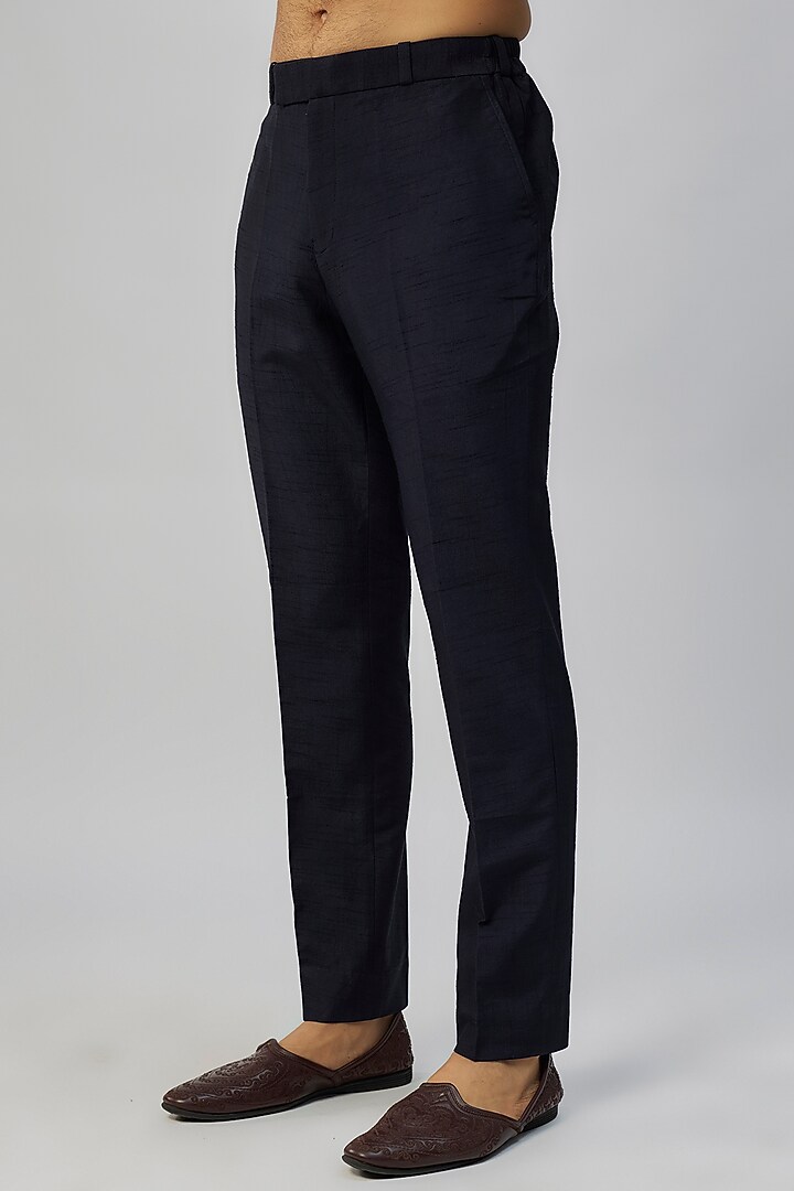 Navy Blue Silk Wedding Indowestern Set by Jayesh and Kaajal Shah Men at Pernia's Pop Up Shop