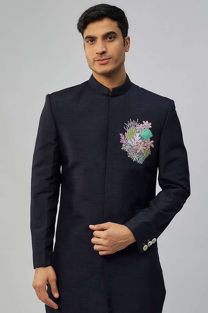 Navy Blue Silk Wedding Indowestern Set by Jayesh and Kaajal Shah Men at Pernia's Pop Up Shop