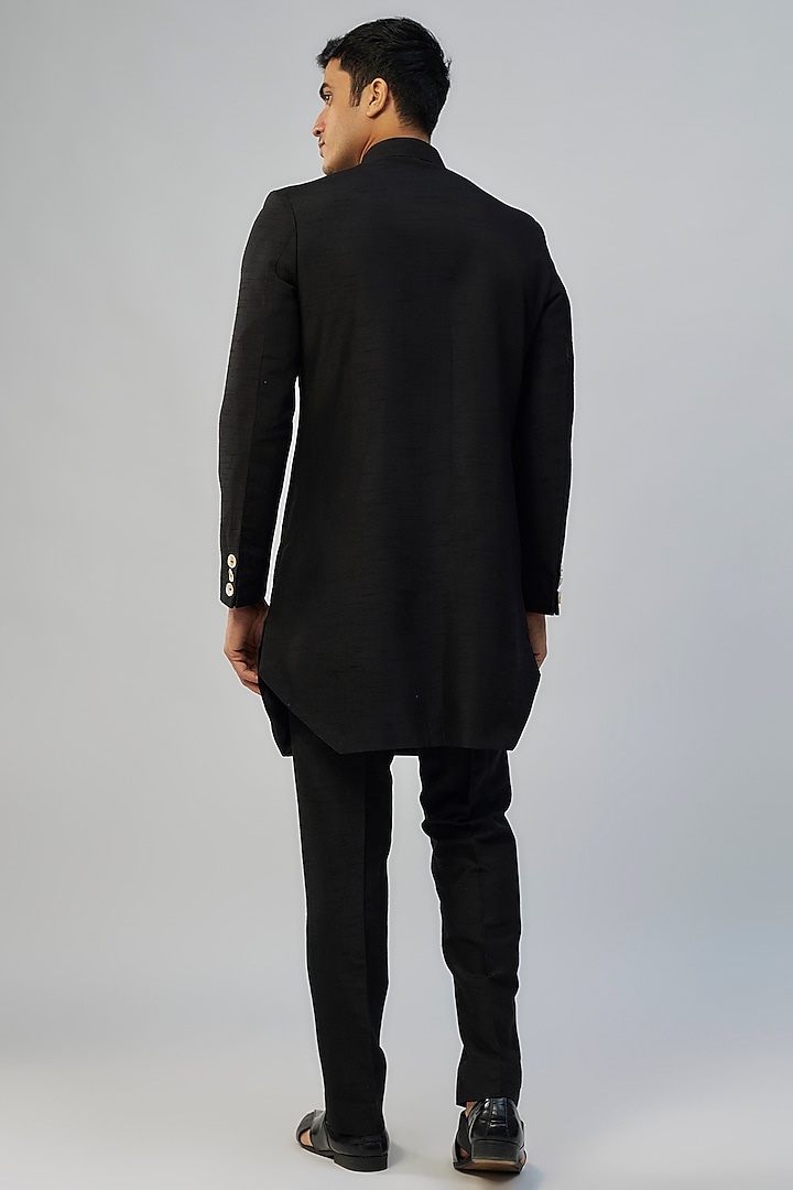 Black Silk Wedding Indowestern Set by Jayesh and Kaajal Shah Men at Pernia's Pop Up Shop