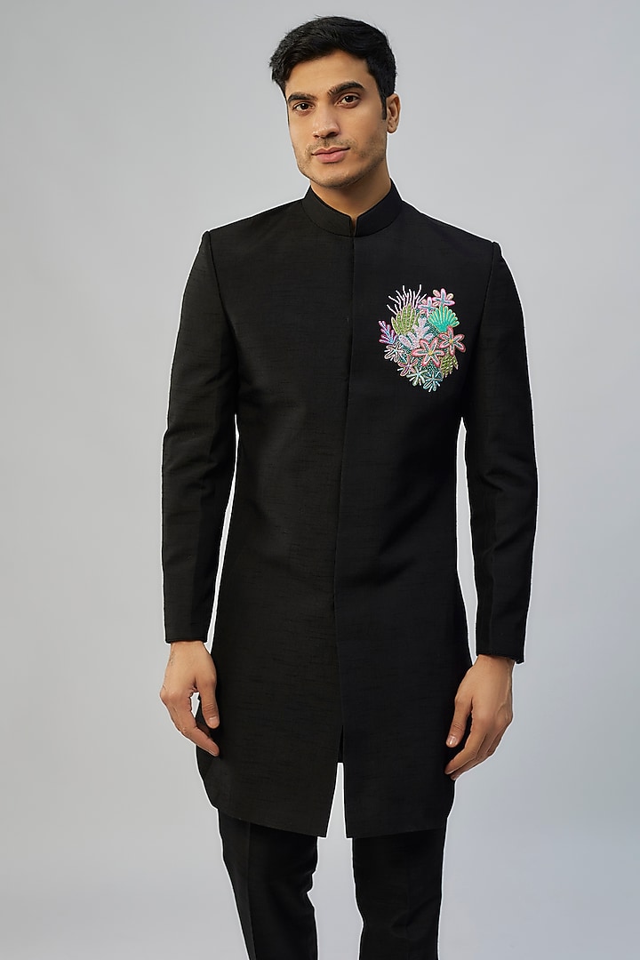 Black Silk Wedding Indowestern Set by Jayesh and Kaajal Shah Men at Pernia's Pop Up Shop