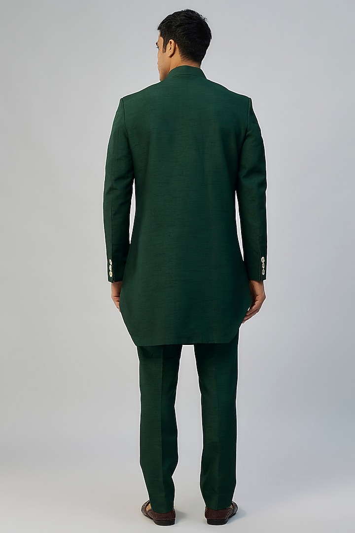 Dark Emerald Green Silk Wedding Indowestern Set by Jayesh and Kaajal Shah Men at Pernia's Pop Up Shop