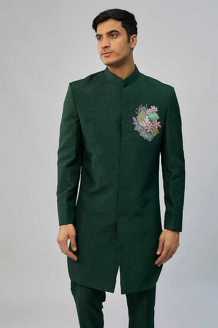 Dark Emerald Green Silk Wedding Indowestern Set by Jayesh and Kaajal Shah Men at Pernia's Pop Up Shop