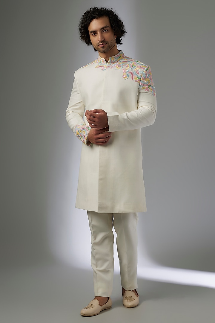 Ivory Silk Indo-Western Set by Jayesh and Kaajal Shah