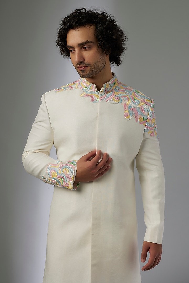 Ivory Silk Indo-Western Set by Jayesh and Kaajal Shah Men at Pernia's Pop Up Shop