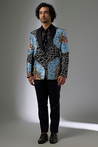 Blue Linen Tuxedo Set by Jayesh and Kaajal Shah Men