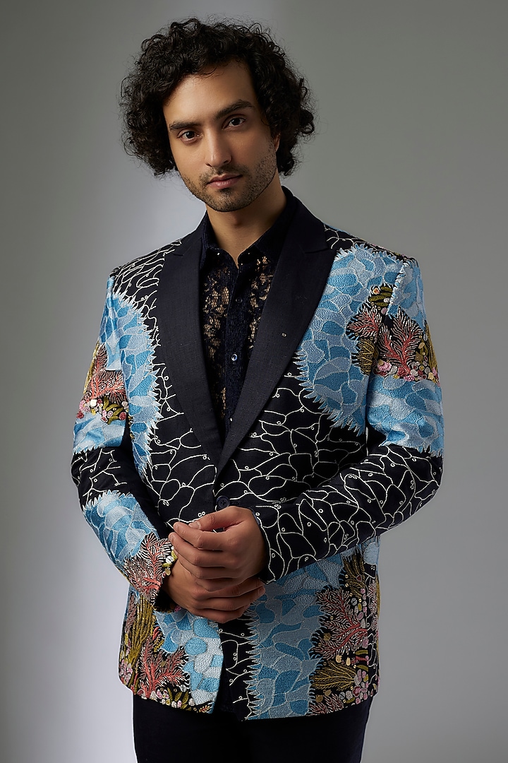 Blue Linen Tuxedo Set by Jayesh and Kaajal Shah Men at Pernia's Pop Up Shop