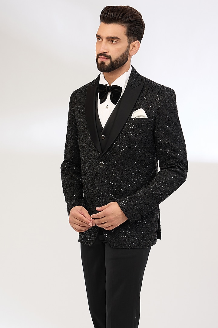 Black Pure Silk Tuxedo Set by Jayesh and Kaajal Shah Men at Pernia's Pop Up Shop