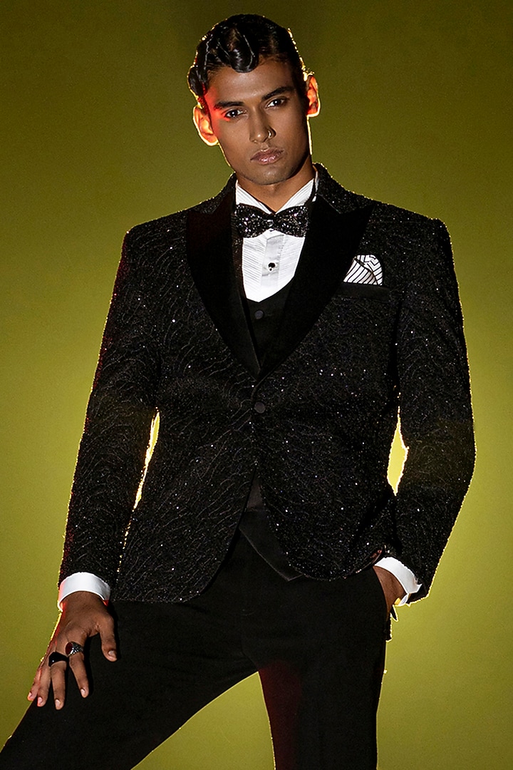 Black Pure Silk Tuxedo Set by Jayesh and Kaajal Shah Men at Pernia's Pop Up Shop