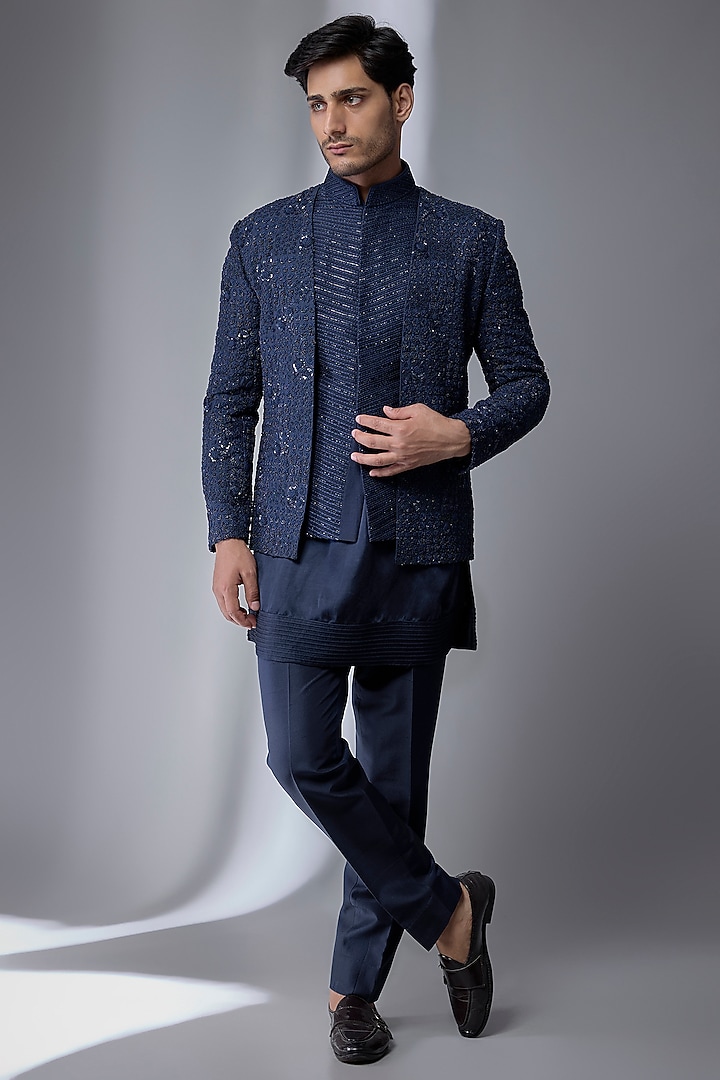 Navy Silk Groom Indowestern Set by Jayesh and Kaajal Shah Men at Pernia's Pop Up Shop