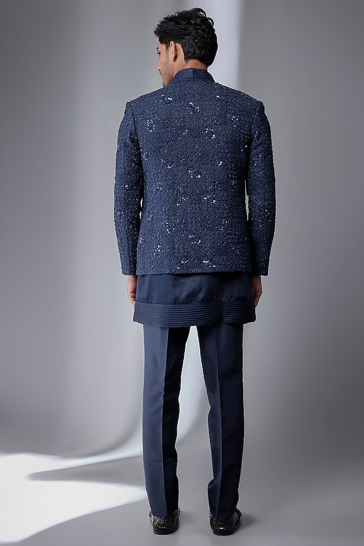 Navy Silk Groom Indowestern Set by Jayesh and Kaajal Shah Men at Pernia's Pop Up Shop