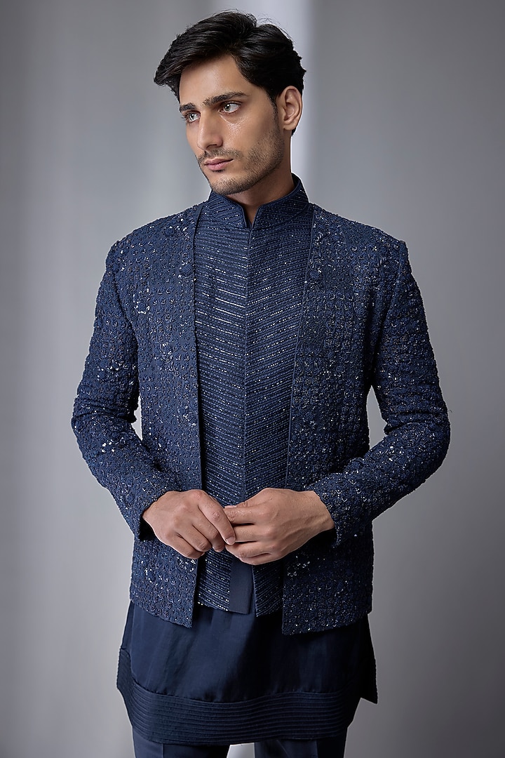 Navy Silk Groom Indowestern Set by Jayesh and Kaajal Shah Men at Pernia's Pop Up Shop