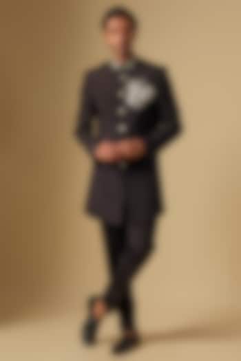 Black Silk Embroidered Sherwani Set by Jayesh and Kaajal Shah at Pernia's Pop Up Shop