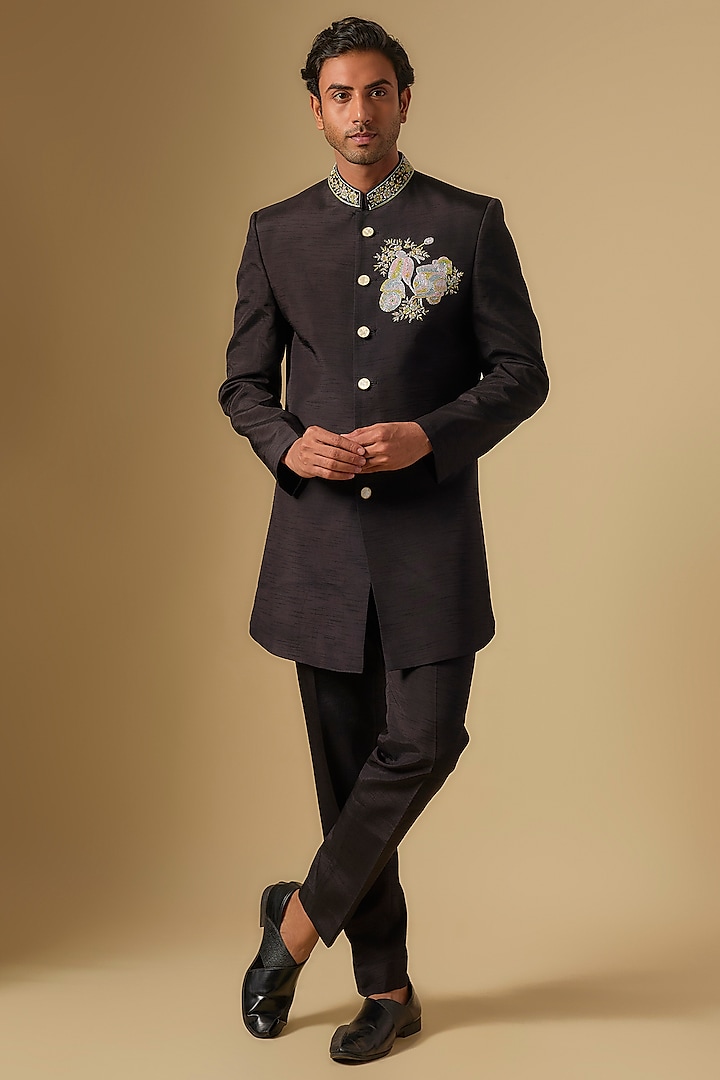 Black Silk Embroidered Sherwani Set by Jayesh and Kaajal Shah at Pernia's Pop Up Shop