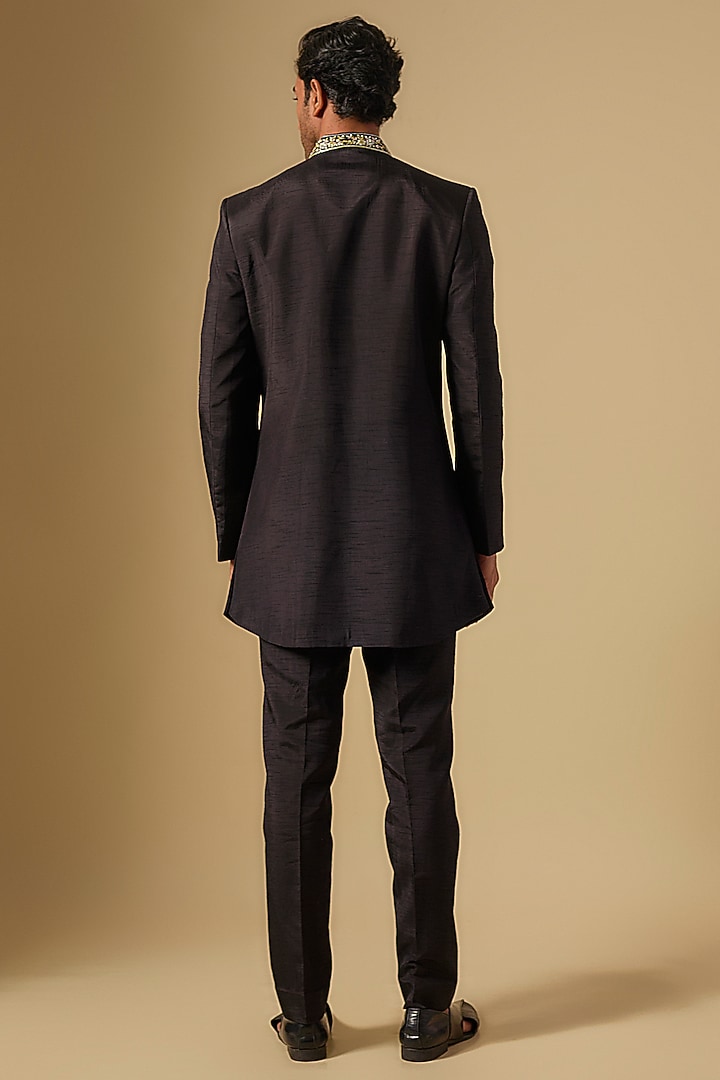 Black Silk Embroidered Sherwani Set by Jayesh and Kaajal Shah Men at Pernia's Pop Up Shop