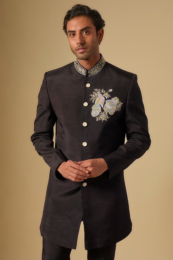 Black Silk Embroidered Sherwani Set by Jayesh and Kaajal Shah Men at Pernia's Pop Up Shop