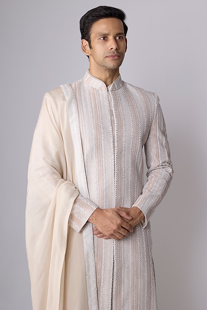 Ivory Silk Groom Sherwani Set by Jayesh and Kaajal Shah Men at Pernia's Pop Up Shop