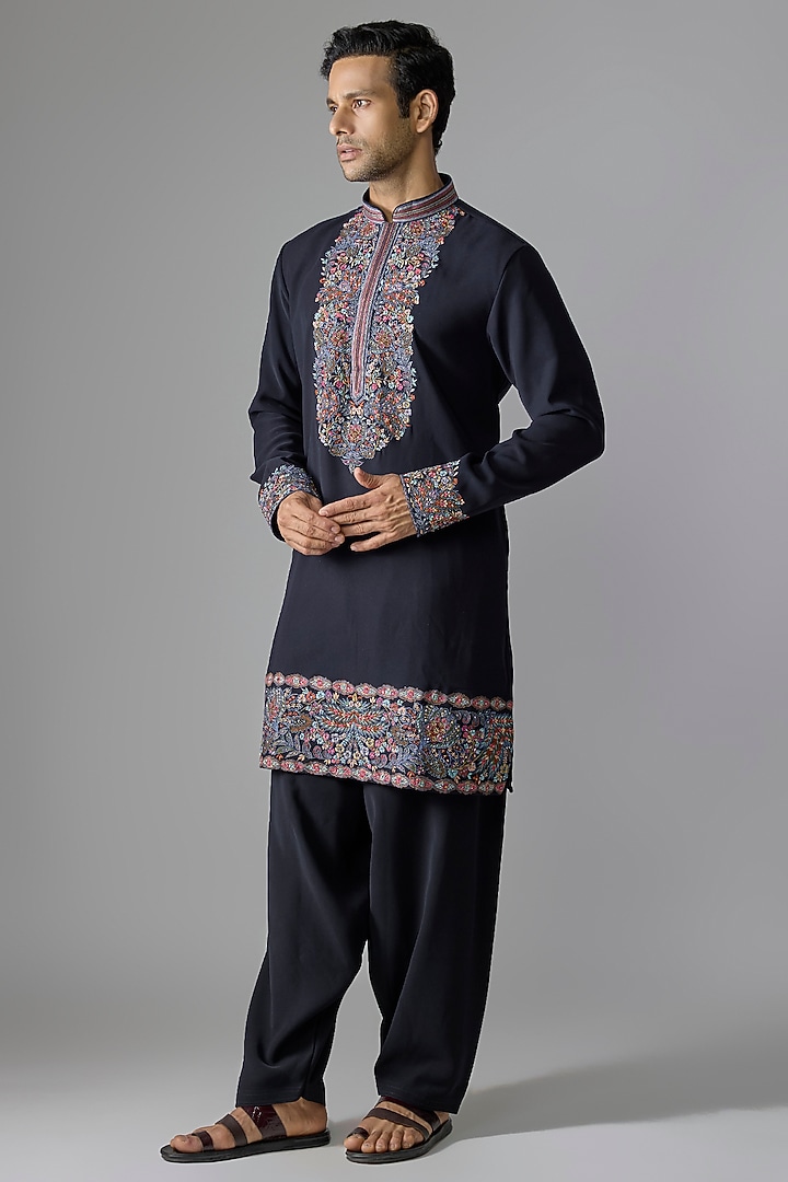 Navy Blue Cotton Blend Kurta Set by Jayesh and Kaajal Shah Men at Pernia's Pop Up Shop