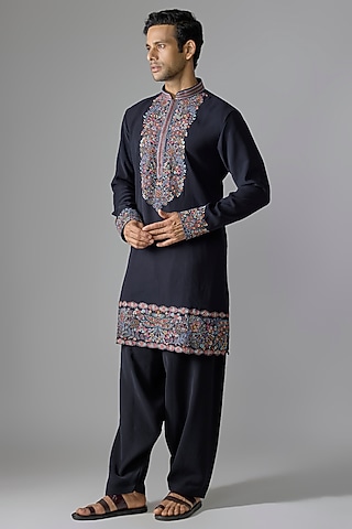 Navy Blue Cotton Blend Kurta Set by Jayesh and Kaajal Shah Men