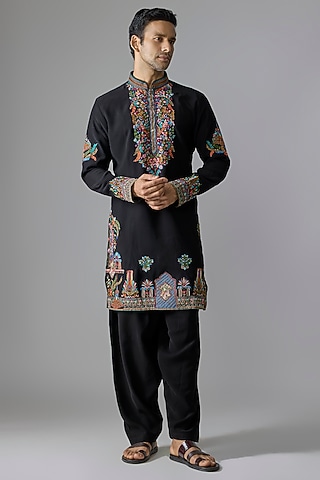Black Cotton Blend Kurta Set by Jayesh and Kaajal Shah Men