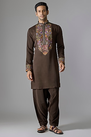 Brown Cotton Blend Kurta Set by Jayesh and Kaajal Shah Men