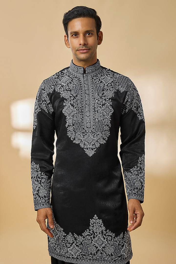 Black Silk Kurta Set by Jayesh and Kaajal Shah Men at Pernia's Pop Up Shop
