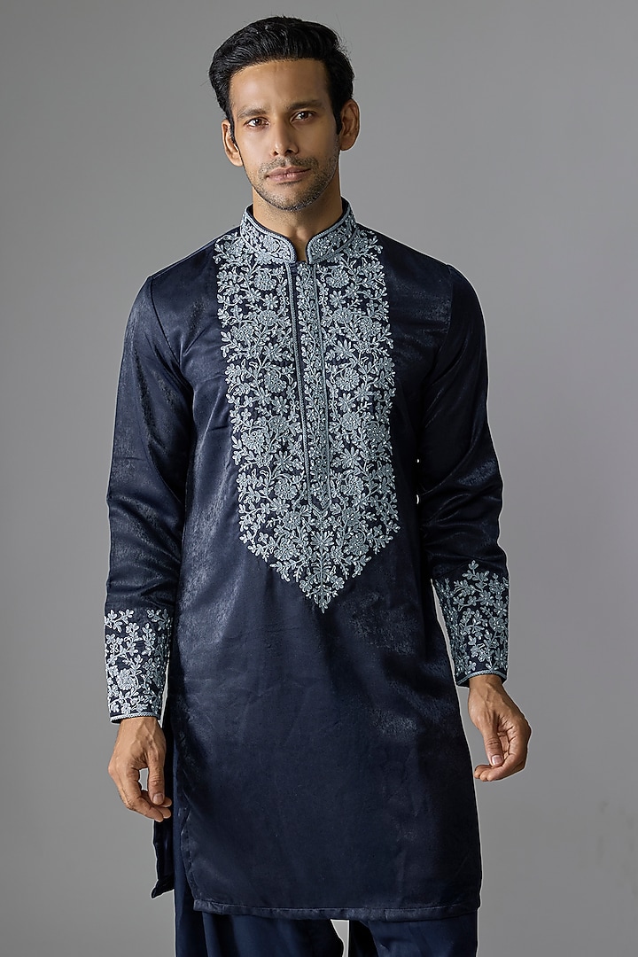 Navy Blue Cotton Blend Kurta Set by Jayesh and Kaajal Shah Men at Pernia's Pop Up Shop