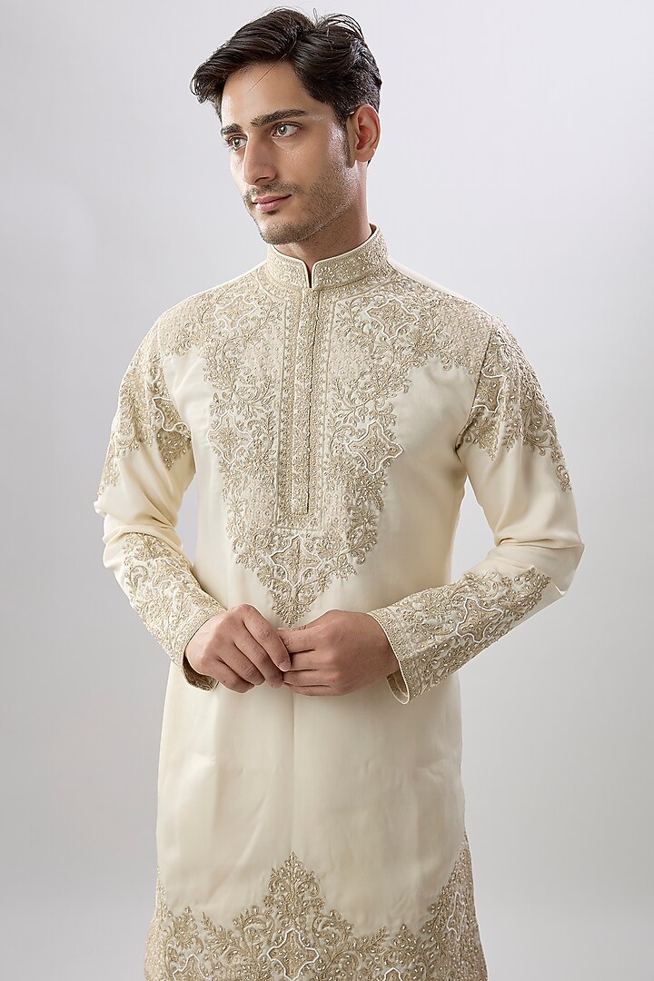 Cream Silk Kurta Set by Jayesh and Kaajal Shah Men at Pernia's Pop Up Shop