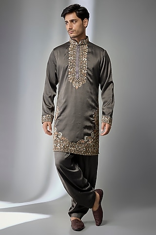 Olive Cotton Blend Kurta Set by Jayesh and Kaajal Shah Men