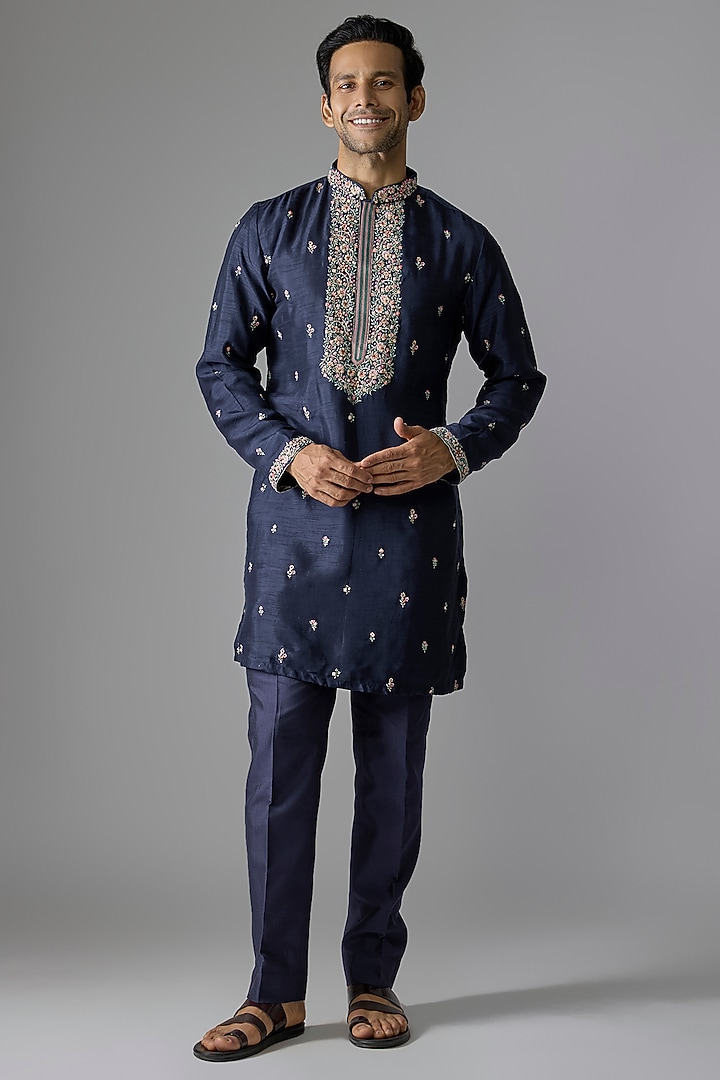 Navy Blue Silk Kurta Set by Jayesh and Kaajal Shah Men at Pernia's Pop Up Shop