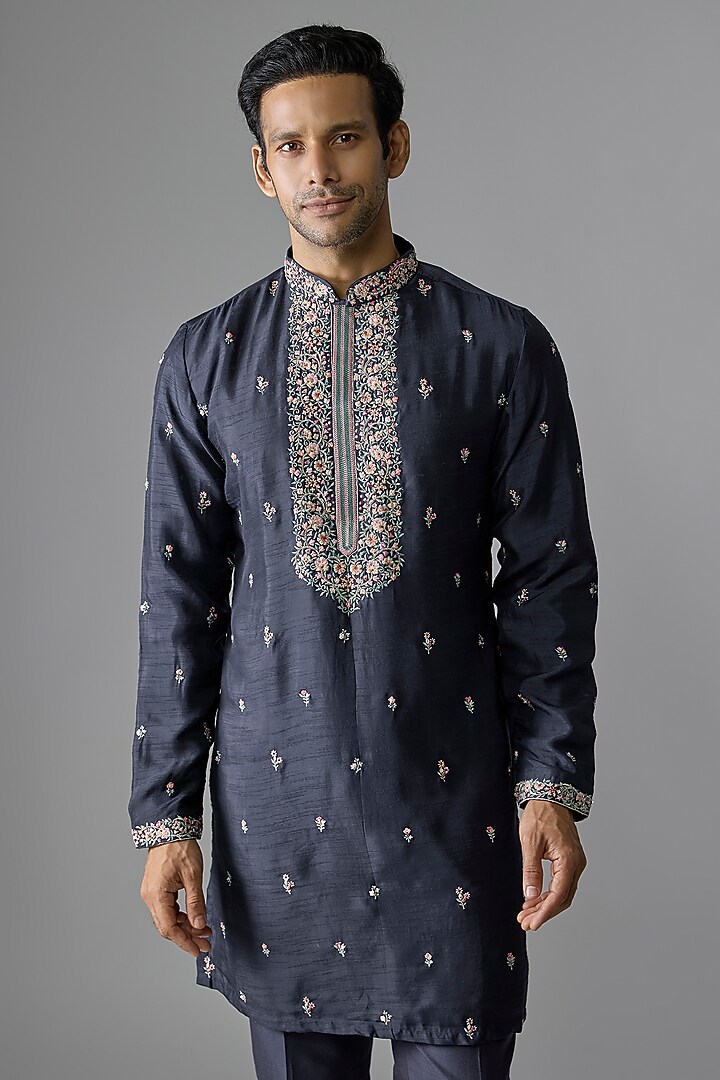 Navy Blue Silk Kurta Set by Jayesh and Kaajal Shah Men at Pernia's Pop Up Shop