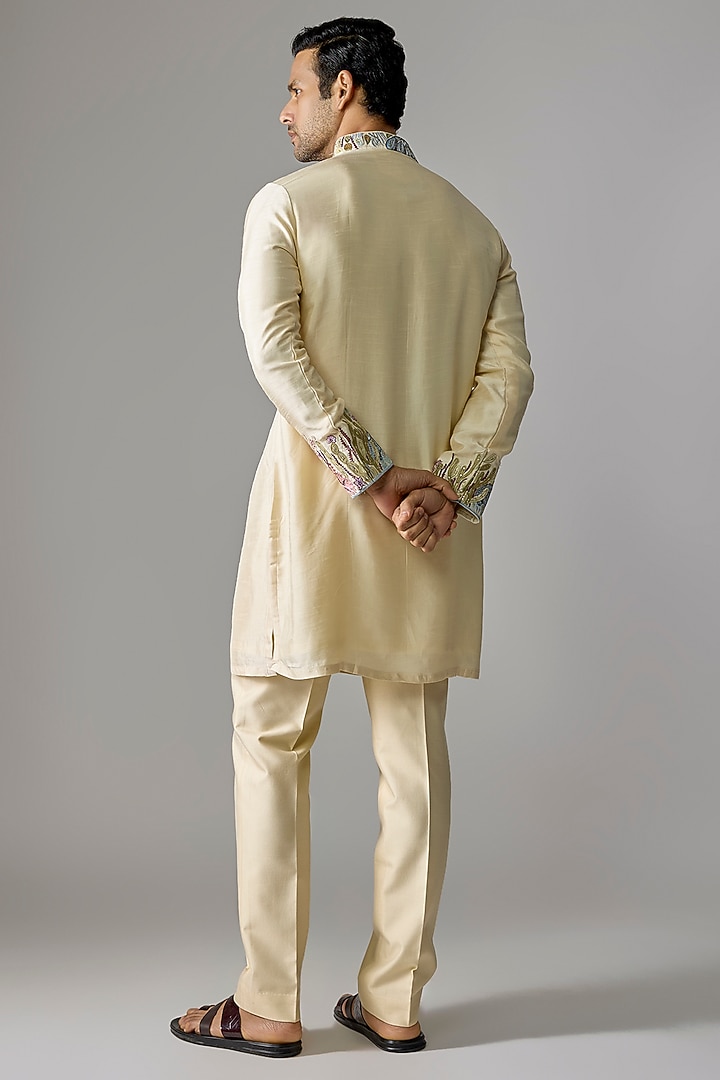Beige Silk Kurta Set by Jayesh and Kaajal Shah Men at Pernia's Pop Up Shop