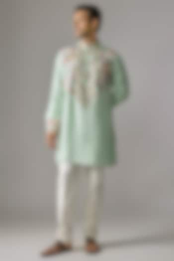 Mint Silk Kurta Set by Jayesh and Kaajal Shah Men at Pernia's Pop Up Shop