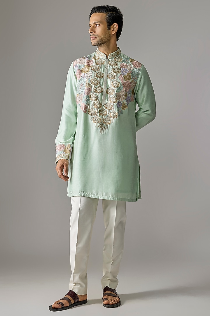 Mint Silk Kurta Set by Jayesh and Kaajal Shah Men at Pernia's Pop Up Shop
