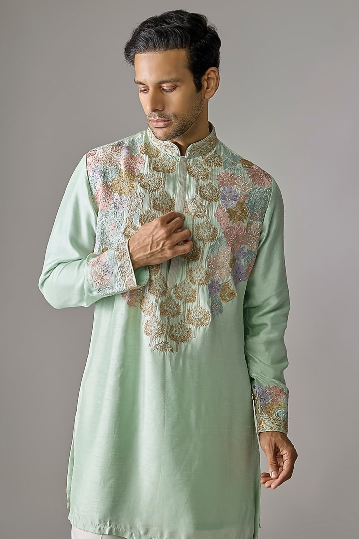 Mint Silk Kurta Set by Jayesh and Kaajal Shah Men at Pernia's Pop Up Shop